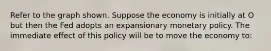 Refer to the graph shown. Suppose the economy is initially at O but then the Fed adopts an expansionary monetary policy. The immediate effect of this policy will be to move the economy to: