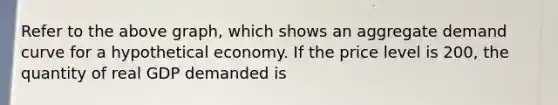 Refer to the above graph, which shows an aggregate demand curve for a hypothetical economy. If the price level is 200, the quantity of real GDP demanded is