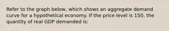 Refer to the graph below, which shows an aggregate demand curve for a hypothetical economy. If the price level is 150, the quantity of real GDP demanded is: