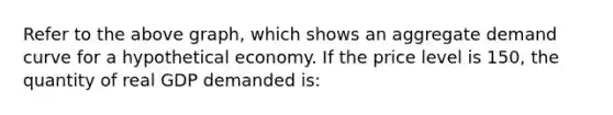 Refer to the above graph, which shows an aggregate demand curve for a hypothetical economy. If the price level is 150, the quantity of real GDP demanded is: