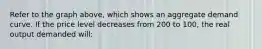 Refer to the graph above, which shows an aggregate demand curve. If the price level decreases from 200 to 100, the real output demanded will: