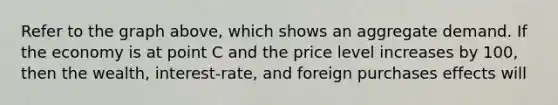 Refer to the graph above, which shows an aggregate demand. If the economy is at point C and the price level increases by 100, then the wealth, interest-rate, and foreign purchases effects will