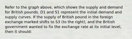 Refer to the graph above, which shows the supply and demand for British pounds. D1 and S1 represent the initial demand and supply curves. If the supply of British pound in the foreign exchange marked shifts to S3 (to the right), and the British government wanted to fix the exchange rate at its initial level, then it should: