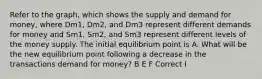 Refer to the graph, which shows the supply and demand for money, where Dm1, Dm2, and Dm3 represent different demands for money and Sm1, Sm2, and Sm3 represent different levels of the money supply. The initial equilibrium point is A. What will be the new equilibrium point following a decrease in the transactions demand for money? B E F Correct I