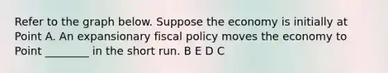 Refer to the graph below. Suppose the economy is initially at Point A. An expansionary <a href='https://www.questionai.com/knowledge/kPTgdbKdvz-fiscal-policy' class='anchor-knowledge'>fiscal policy</a> moves the economy to Point ________ in the short run. B E D C