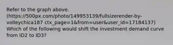 Refer to the graph above. (https://500px.com/photo/149953139/fullsizerender-by-volleychica187 ctx_page=1&from=user&user_id=17184137) Which of the following would shift the investment demand curve from ID2 to ID3?