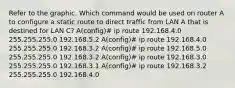 Refer to the graphic. Which command would be used on router A to configure a static route to direct traffic from LAN A that is destined for LAN C? A(config)# ip route 192.168.4.0 255.255.255.0 192.168.5.2 A(config)# ip route 192.168.4.0 255.255.255.0 192.168.3.2 A(config)# ip route 192.168.5.0 255.255.255.0 192.168.3.2 A(config)# ip route 192.168.3.0 255.255.255.0 192.168.3.1 A(config)# ip route 192.168.3.2 255.255.255.0 192.168.4.0