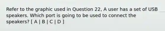 Refer to the graphic used in Question 22, A user has a set of USB speakers. Which port is going to be used to connect the speakers? [ A | B | C | D ]