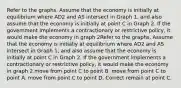 Refer to the graphs. Assume that the economy is initially at equilibrium where AD2 and AS intersect in Graph 1, and also assume that the economy is initially at point C in Graph 2. If the government implements a contractionary or restrictive policy, it would make the economy in graph 2Refer to the graphs. Assume that the economy is initially at equilibrium where AD2 and AS intersect in Graph 1, and also assume that the economy is initially at point C in Graph 2. If the government implements a contractionary or restrictive policy, it would make the economy in graph 2 move from point C to point B. move from point C to point A. move from point C to point D. Correct remain at point C.