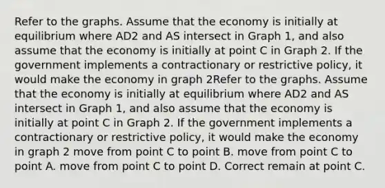 Refer to the graphs. Assume that the economy is initially at equilibrium where AD2 and AS intersect in Graph 1, and also assume that the economy is initially at point C in Graph 2. If the government implements a contractionary or restrictive policy, it would make the economy in graph 2Refer to the graphs. Assume that the economy is initially at equilibrium where AD2 and AS intersect in Graph 1, and also assume that the economy is initially at point C in Graph 2. If the government implements a contractionary or restrictive policy, it would make the economy in graph 2 move from point C to point B. move from point C to point A. move from point C to point D. Correct remain at point C.