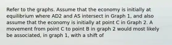 Refer to the graphs. Assume that the economy is initially at equilibrium where AD2 and AS intersect in Graph 1, and also assume that the economy is initially at point C in Graph 2. A movement from point C to point B in graph 2 would most likely be associated, in graph 1, with a shift of