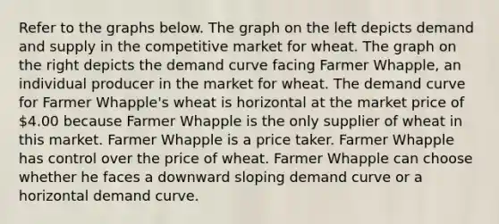 Refer to the graphs below. The graph on the left depicts demand and supply in the competitive market for wheat. The graph on the right depicts the demand curve facing Farmer Whapple, an individual producer in the market for wheat. The demand curve for Farmer Whapple's wheat is horizontal at the market price of 4.00 because Farmer Whapple is the only supplier of wheat in this market. Farmer Whapple is a price taker. Farmer Whapple has control over the price of wheat. Farmer Whapple can choose whether he faces a downward sloping demand curve or a horizontal demand curve.