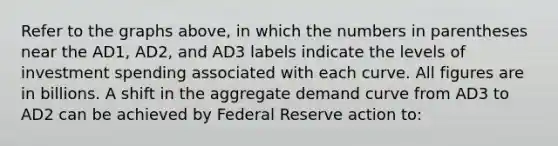 Refer to the graphs above, in which the numbers in parentheses near the AD1, AD2, and AD3 labels indicate the levels of investment spending associated with each curve. All figures are in billions. A shift in the aggregate demand curve from AD3 to AD2 can be achieved by Federal Reserve action to: