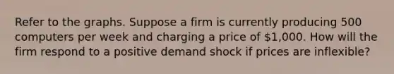 Refer to the graphs. Suppose a firm is currently producing 500 computers per week and charging a price of 1,000. How will the firm respond to a positive demand shock if prices are inflexible?