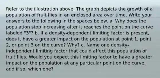 Refer to the illustration above. The graph depicts the growth of a population of fruit flies in an enclosed area over time. Write your answers to the following in the spaces below. a. Why does the population stop increasing after it reaches the point on the curve labeled "3"? b. If a density-dependent limiting factor is present, does it have a greater impact on the population at point 1, point 2, or point 3 on the curve? Why? c. Name one density-independent limiting factor that could affect this population of fruit flies. Would you expect this limiting factor to have a greater impact on the population at any particular point on the curve, and if so, which one?