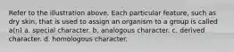 Refer to the illustration above. Each particular feature, such as dry skin, that is used to assign an organism to a group is called a(n) a. special character. b. analogous character. c. derived character. d. homologous character.