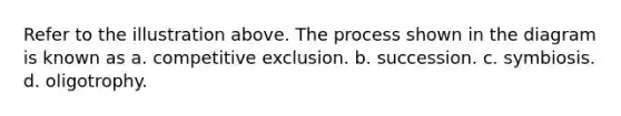 Refer to the illustration above. The process shown in the diagram is known as a. competitive exclusion. b. succession. c. symbiosis. d. oligotrophy.