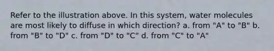 Refer to the illustration above. In this system, water molecules are most likely to diffuse in which direction? a. from "A" to "B" b. from "B" to "D" c. from "D" to "C" d. from "C" to "A"