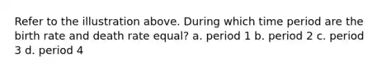 Refer to the illustration above. During which time period are the birth rate and death rate equal? a. period 1 b. period 2 c. period 3 d. period 4