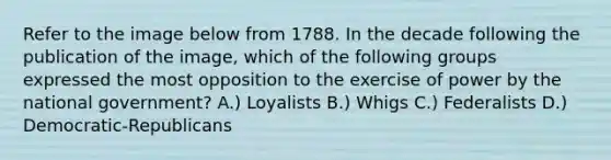 Refer to the image below from 1788. In the decade following the publication of the image, which of the following groups expressed the most opposition to the exercise of power by the national government? A.) Loyalists B.) Whigs C.) Federalists D.) Democratic-Republicans