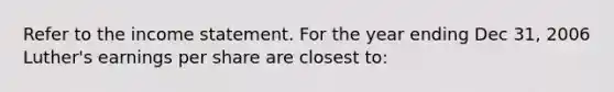 Refer to the income statement. For the year ending Dec 31, 2006 Luther's earnings per share are closest to: