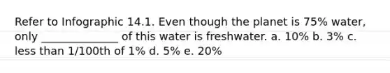 Refer to Infographic 14.1. Even though the planet is 75% water, only ______________ of this water is freshwater. a. 10% b. 3% c. less than 1/100th of 1% d. 5% e. 20%