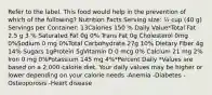 Refer to the label. This food would help in the prevention of which of the following? Nutrition Facts Serving size: ½ cup (40 g) Servings per Container: 13Calories 150 % Daily Value*Total Fat 2.5 g 3 % Saturated Fat 0g 0% Trans Fat 0g Cholesterol 0mg 0%Sodium 0 mg 0%Total Carbohydrate 27g 10% Dietary Fiber 4g 14% Sugars 1gProtein 5gVitamin D 0 mcg 0% Calcium 21 mg 2% Iron 0 mg 0%Potassium 145 mg 4%*Percent Daily *Values are based on a 2,000-calorie diet. Your daily values may be higher or lower depending on your calorie needs -Anemia -Diabetes -Osteoporosis -Heart disease