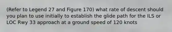 (Refer to Legend 27 and Figure 170) what rate of descent should you plan to use initially to establish the glide path for the ILS or LOC Rwy 33 approach at a ground speed of 120 knots