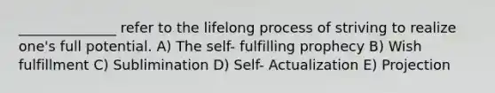 ______________ refer to the lifelong process of striving to realize one's full potential. A) The self- fulfilling prophecy B) Wish fulfillment C) Sublimination D) Self- Actualization E) Projection