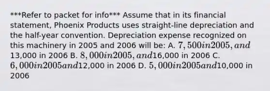 ***Refer to packet for info*** Assume that in its financial statement, Phoenix Products uses straight-line depreciation and the half-year convention. Depreciation expense recognized on this machinery in 2005 and 2006 will be: A. 7,500 in 2005, and13,000 in 2006 B. 8,000 in 2005, and16,000 in 2006 C. 6,000 in 2005 and12,000 in 2006 D. 5,000 in 2005 and10,000 in 2006