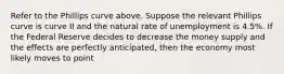 Refer to the Phillips curve above. Suppose the relevant Phillips curve is curve II and the natural rate of unemployment is 4.5%. If the Federal Reserve decides to decrease the money supply and the effects are perfectly anticipated, then the economy most likely moves to point