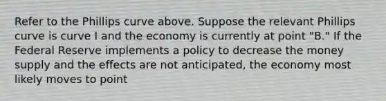 Refer to the Phillips curve above. Suppose the relevant Phillips curve is curve I and the economy is currently at point "B." If the Federal Reserve implements a policy to decrease the money supply and the effects are not anticipated, the economy most likely moves to point