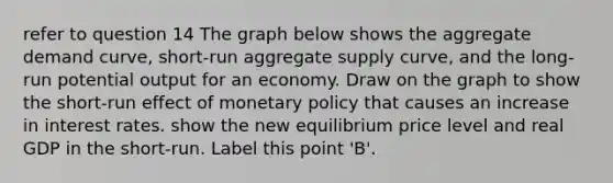 refer to question 14 The graph below shows the aggregate demand​ curve, short-run aggregate supply​ curve, and the​ long-run potential output for an economy. Draw on the graph to show the ​short-run effect of monetary policy that causes an increase in interest rates. show the new equilibrium price level and real GDP in the short-run. Label this point​ 'B'.