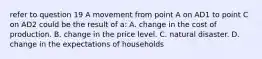 refer to question 19 A movement from point A on AD1 to point C on AD2 could be the result of a: A. change in the cost of production. B. change in the price level. C. natural disaster. D. change in the expectations of households