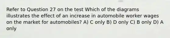 Refer to Question 27 on the test Which of the diagrams illustrates the effect of an increase in automobile worker wages on the market for automobiles? A) C only B) D only C) B only D) A only