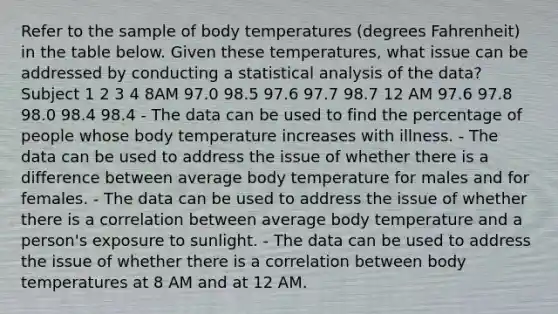 Refer to the sample of body temperatures​ (degrees Fahrenheit) in the table below. Given these​ temperatures, what issue can be addressed by conducting a statistical analysis of the​ data? Subject 1 2 3 4 8AM 97.0 98.5 97.6 97.7 98.7 12 AM 97.6 97.8 98.0 98.4 98.4 - The data can be used to find the percentage of people whose body temperature increases with illness. - The data can be used to address the issue of whether there is a difference between average body temperature for males and for females. - The data can be used to address the issue of whether there is a correlation between average body temperature and a​ person's exposure to sunlight. - The data can be used to address the issue of whether there is a correlation between body temperatures at 8 AM and at 12 AM.