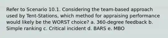 Refer to Scenario 10.1. Considering the team-based approach used by Tent-Stations, which method for appraising performance would likely be the WORST choice? a. 360-degree feedback b. Simple ranking c. Critical incident d. BARS e. MBO