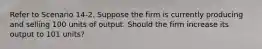 Refer to Scenario 14-2. Suppose the firm is currently producing and selling 100 units of output. Should the firm increase its output to 101 units?