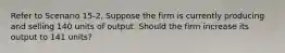 Refer to Scenario 15-2. Suppose the firm is currently producing and selling 140 units of output. Should the firm increase its output to 141 units?