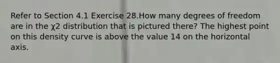 Refer to Section 4.1 Exercise 28.How many degrees of freedom are in the χ2 distribution that is pictured there? The highest point on this density curve is above the value 14 on the horizontal axis.