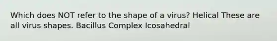 Which does NOT refer to the shape of a virus? Helical These are all virus shapes. Bacillus Complex Icosahedral