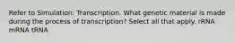 Refer to Simulation: Transcription. What genetic material is made during the process of transcription? Select all that apply. rRNA mRNA tRNA