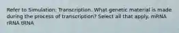 Refer to Simulation: Transcription. What genetic material is made during the process of transcription? Select all that apply. mRNA rRNA tRNA