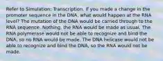 Refer to Simulation: Transcription. If you made a change in the promoter sequence in the DNA, what would happen at the RNA level? The mutation of the DNA would be carried through to the RNA sequence. Nothing, the RNA would be made as usual. The RNA polymerase would not be able to recognize and bind the DNA, so no RNA would be made. The DNA helicase would not be able to recognize and bind the DNA, so the RNA would not be made.