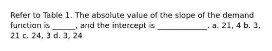 Refer to Table 1. The absolute value of the slope of the demand function is ______, and the intercept is _____________. a. 21, 4 b. 3, 21 c. 24, 3 d. 3, 24