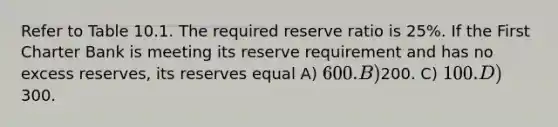 Refer to Table 10.1. The required reserve ratio is 25%. If the First Charter Bank is meeting its reserve requirement and has no excess reserves, its reserves equal A) 600. B)200. C) 100. D)300.