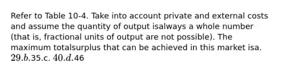 Refer to Table 10-4. Take into account private and external costs and assume the quantity of output isalways a whole number (that is, fractional units of output are not possible). The maximum totalsurplus that can be achieved in this market isa. 29.b.35.c. 40.d.46