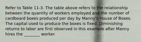 Refer to Table 11-3. The table above refers to the relationship between the quantity of workers employed and the number of cardboard boxes produced per day by Manny's House of Boxes. The capital used to produce the boxes is fixed. Diminishing returns to labor are first observed in this example after Manny hires the ________ worker.