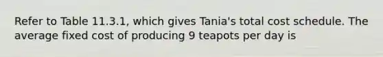 Refer to Table 11.3.1, which gives Tania's total cost schedule. The average fixed cost of producing 9 teapots per day is