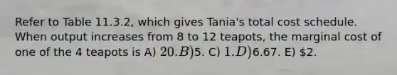 Refer to Table 11.3.2, which gives Tania's total cost schedule. When output increases from 8 to 12 teapots, the marginal cost of one of the 4 teapots is A) 20. B)5. C) 1. D)6.67. E) 2.